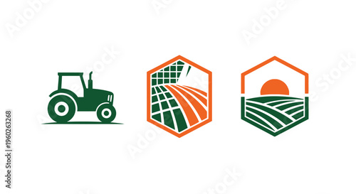 Tractor and Farming Icons: Agriculture, Rural Life, and Harvest