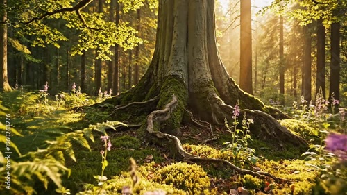 Tranquil forest glade bathed in golden sunlight around ancient tree roots and blooming wildflowers