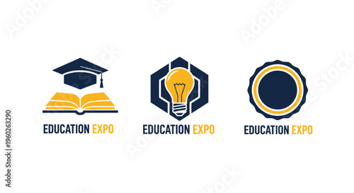 Education Expo Logos: Graduation Cap, Lightbulb Idea, Certificate Seal
