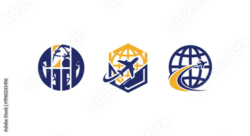 Global Travel Logistics and Aviation Business Logos with Airplane and Globe Icons