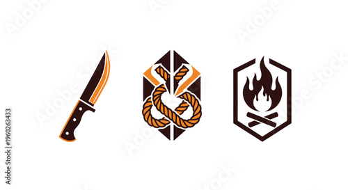 Camping Emblem Set: Knife, Rope Knot, Campfire Icons on White Background