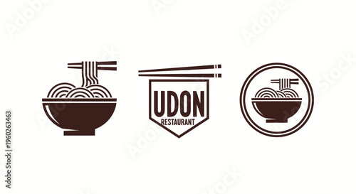 Udon Restaurant Logos: Bowl with Noodles, Pennant Sign, and Circular Emblem