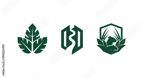 Set of three green nature logos on white background