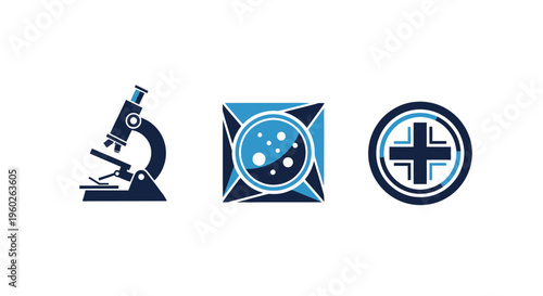 Microscope, Cell Icon, Medical Cross Icons - Science and Healthcare Symbols