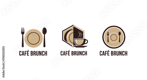 Cafe Brunch Logo Designs: Plate, Fork, Spoon, Coffee Cup, Geometric Shape