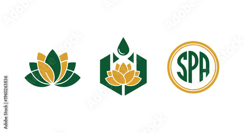 Spa logo set: lotus flower, drop and hexagon, circular spa emblem