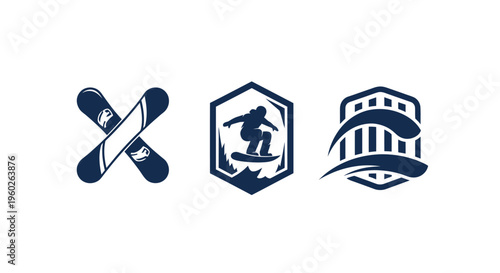 Snowboard Icons: Crossed Boards, Snowboarder Silhouette, and Abstract Mountain Design