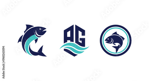Free Download Fish Logo Collection: Jumping Fish, Hexagon AG Icon with Waves, Circle Fish Emblem - GFXLoad