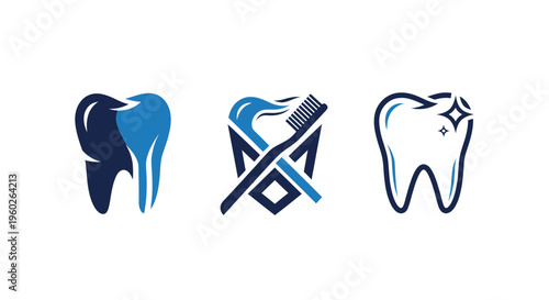 Dental Care Icons: Tooth, Toothbrush, and Sparkle Clean Tooth on White Background