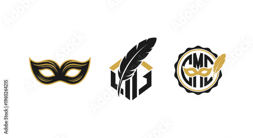 Masquerade Mask, Feather Pen Logo, and Emblem with Mask