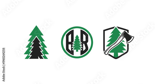 Forestry and Lumberjack Emblems: Pine Trees, Monogram, and Axe Icon