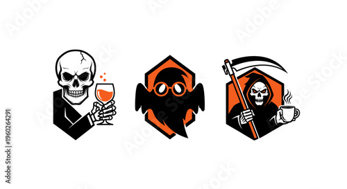 Skeleton, Ghost, Grim Reaper Icons: Halloween, Spooky, Death, Spirits, Drinks