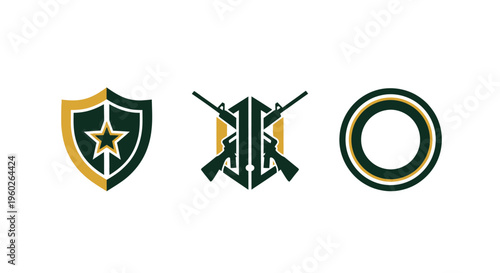 Military Emblem Set: Shield, Crossed Rifles, and Target Icons