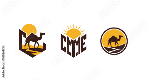 Camel Silhouette Logos: Desert Sun, Sand Dunes, and Geometric Shapes