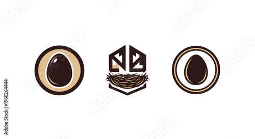 Minimalist Egg Nest Icons Set - Organic Food, Farm, Breeding, Business Concepts