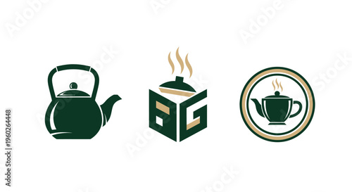 Set of three tea and coffee logos: teapot, steam box, and circular emblem with teapot
