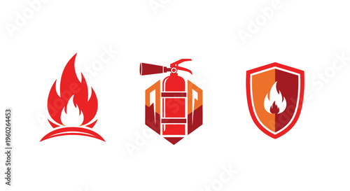 Fire Safety Icons: Flame, Extinguisher, Shield with Fire