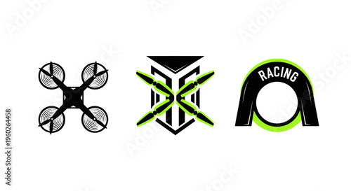 Drone Racing Logos: Quadcopter, Propeller Emblem, and Arch Badge