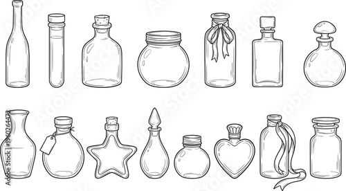 Hand drawn vintage glass bottles collection with cork stoppers decorative jars perfume containers and apothecary vials outline vector illustration set