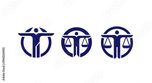 Abstract Human Figures with Scales of Justice Icons on White Background