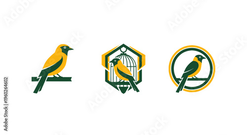 Yellow Bird Logo Set: Perched, Caged, and Circular Designs