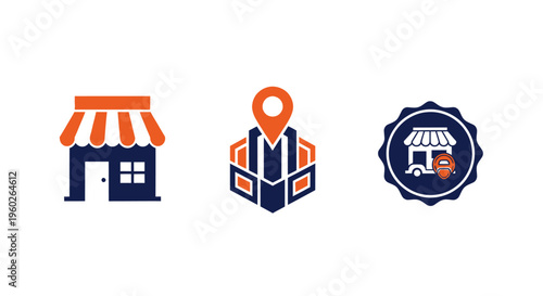 Small Business Icons: Storefront, Map Pin Location, and Shop with Cart