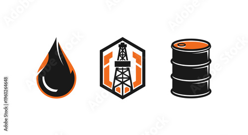 Oil drop, drilling rig icon, and crude oil barrel icons on white background