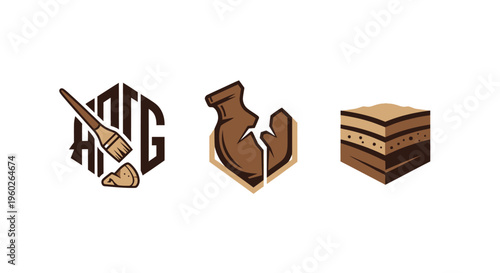 Archaeology Symbols: Digging, Pottery Shard, Soil Layers