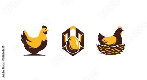 Chicken Egg Icons Set: Hen, Nest, and Geometric Emblem with Golden Egg
