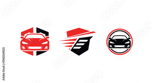 Automotive Logo Set: Sports Cars, Shields, Speed Lines, Red, Black, White