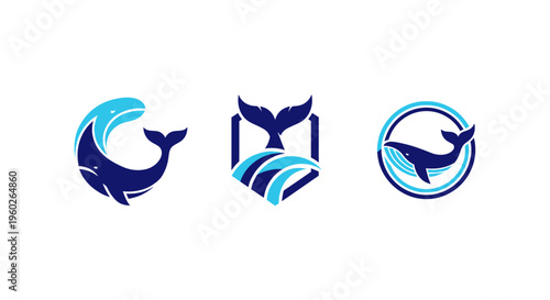 Whale Logo Collection: Nautical Icons with Ocean Waves and Marine Life