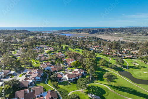 Aerial view over a golf course with house around in Solana Beach, San Diego, California, High quality Images
