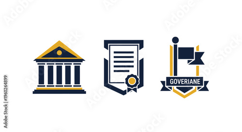 Government building, diploma, and flag icons with "Goveriane" text
