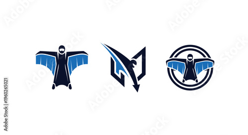 Wingsuit Flying Icon Set: Skydiver, Abstract M, Circular Wingsuit Logo