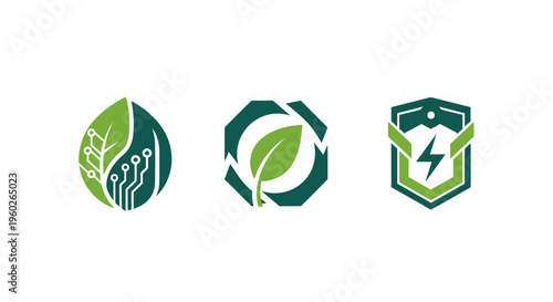 Eco-friendly technology logos: leaf and circuit, leaf in octagon, shield with lightning bolt