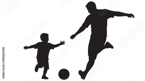 Father and son playing soccer in silhouette kicking ball together in playful action on white background