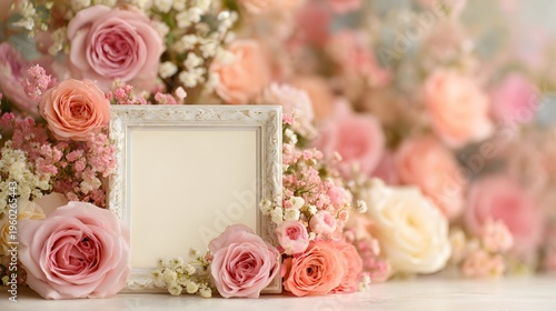 Soft Focus Romantic Pink Roses and Babys Breath with Empty Frame.