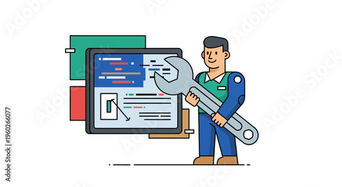 Man holding large adjustable wrench tool.