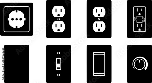 Wall Outlet Icons. Outline icon set of wall outlet and switch combos: outlet with switch, double outlet plate,
