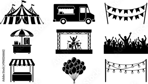 Street Festival Icons. Street Festival. Filled icon set of Street Festival: festival tent, food truck, live
