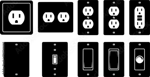 Wall Outlet Icons. Outline icon set of wall outlet and switch combos: outlet with switch, double outlet plate,
