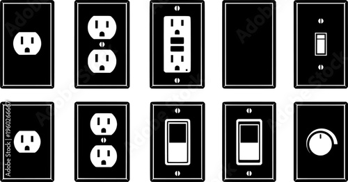 Wall Outlet Icons. Outline icon set of wall outlet and switch combos: outlet with switch, double outlet plate,
