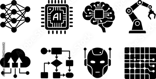 Artificial intelligence icon set: neural networks, robotics, and cloud computing illustrations.
