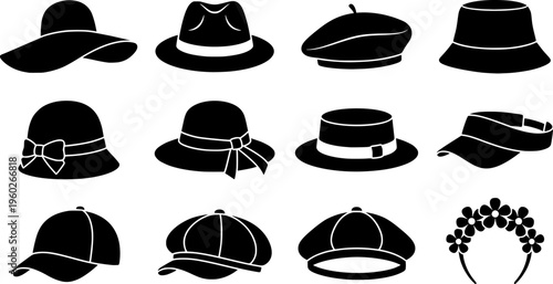 spring hats fashion collage. Line outline icon set of spring hats fashion collage: wide brim hat, straw hat,
