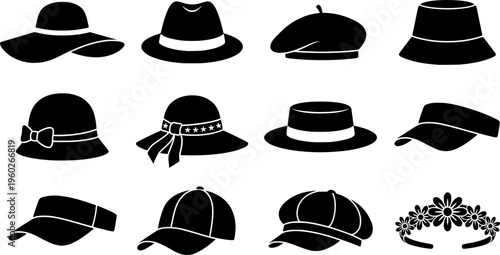 spring hats fashion collage. Line outline icon set of spring hats fashion collage: wide brim hat, straw hat,

