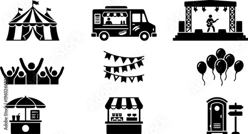 Street Festival Icons. Street Festival. Filled icon set of Street Festival: festival tent, food truck, live
