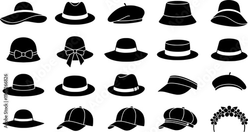 spring hats fashion collage. Line outline icon set of spring hats fashion collage: wide brim hat, straw hat,
