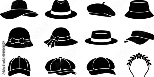 spring hats fashion collage. Line outline icon set of spring hats fashion collage: wide brim hat, straw hat,
