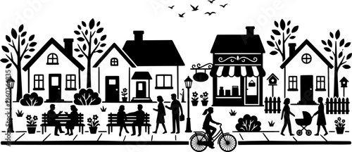 Blooming Community Block. A lively neighborhood corner with pastel houses, a small corner shop, and flowering
