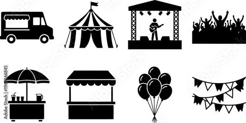 Street Festival Icons. Street Festival. Filled icon set of Street Festival: festival tent, food truck, live
